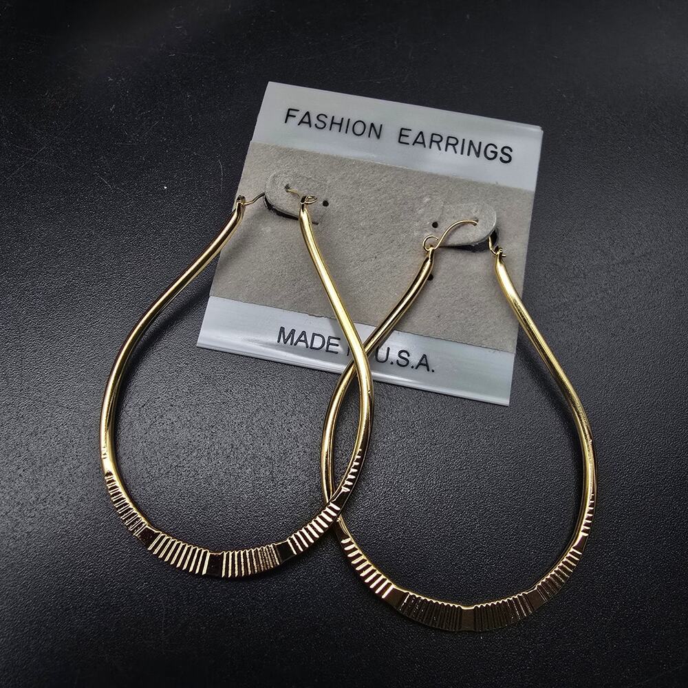 Gold Tone Textured Tear Drop Hoop Earrings Vintage 1980s 1990s NOS